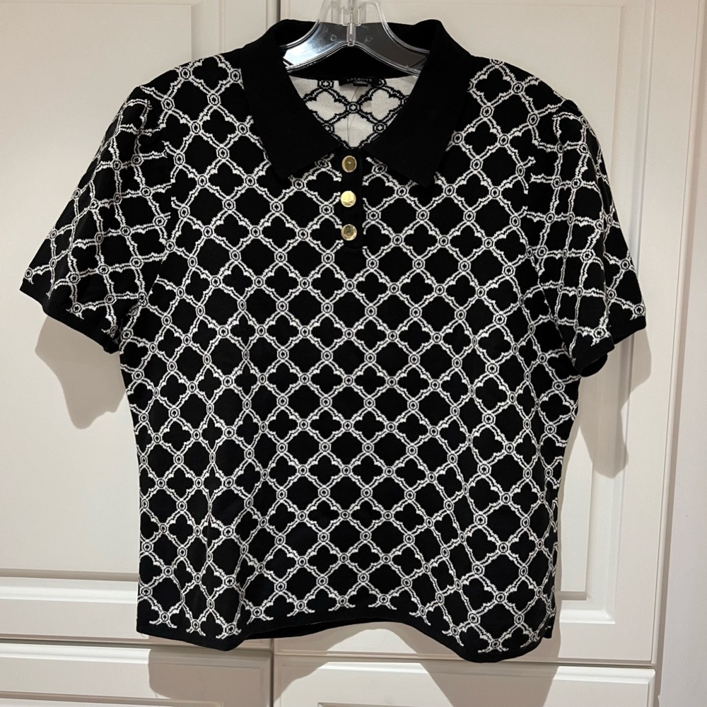 Talbots Ribbed Johnny Collar Sweater Lattice Jacquard Size Petite XL Black NWT